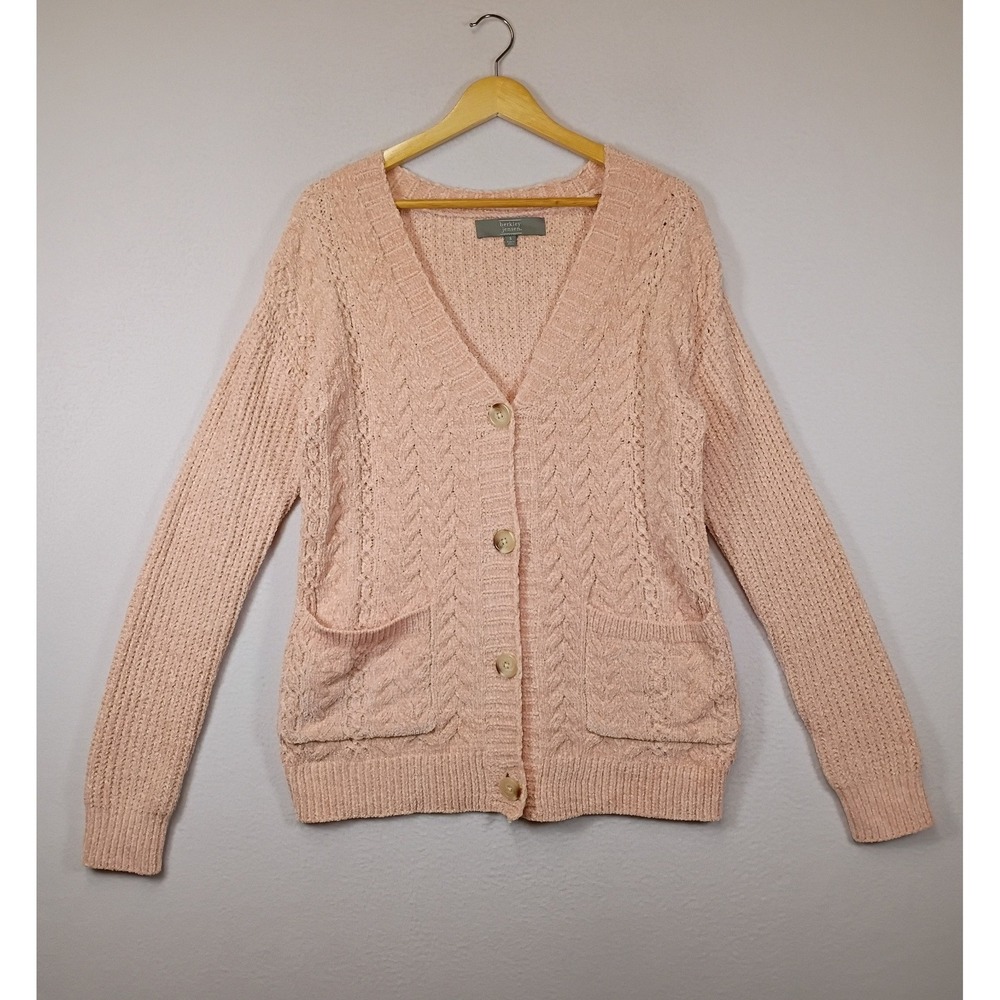 Coquette Berkley Jensen Womens Small Peach Pink Metallic Chenille Cable Cardigan